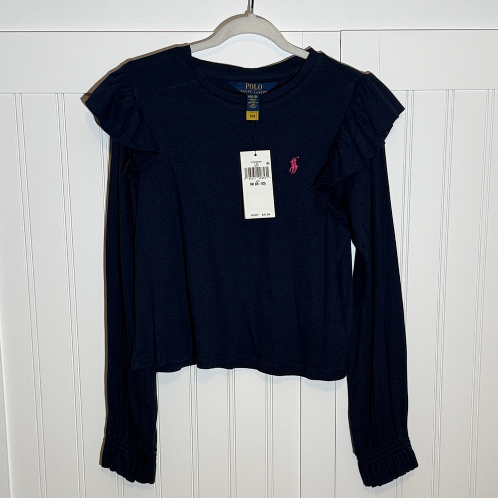 Polo Ralph Lauren Girls' Navy Blue Long-Sleeve Ruffle Top Size M 8-10